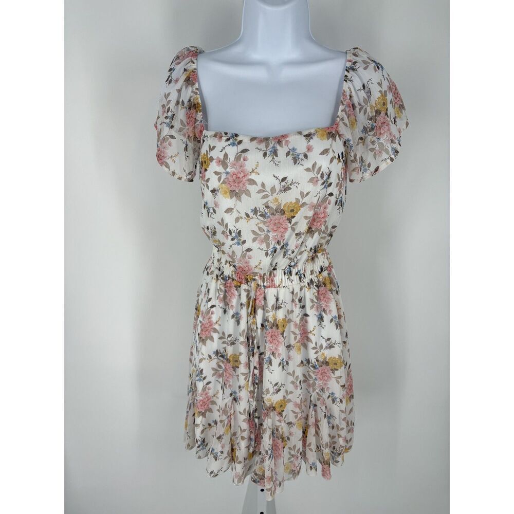 Francesca's Boho Cream Floral Mini Puff Sleeve Square Neck Dress